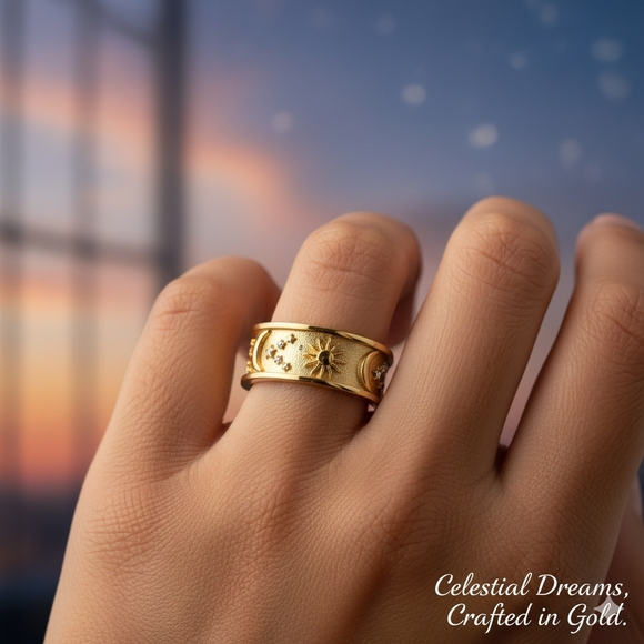 Sun Moon Stars Gold Plated Celestial Statement Stainless Steel Unisex Ring - Picture 1 of 3
